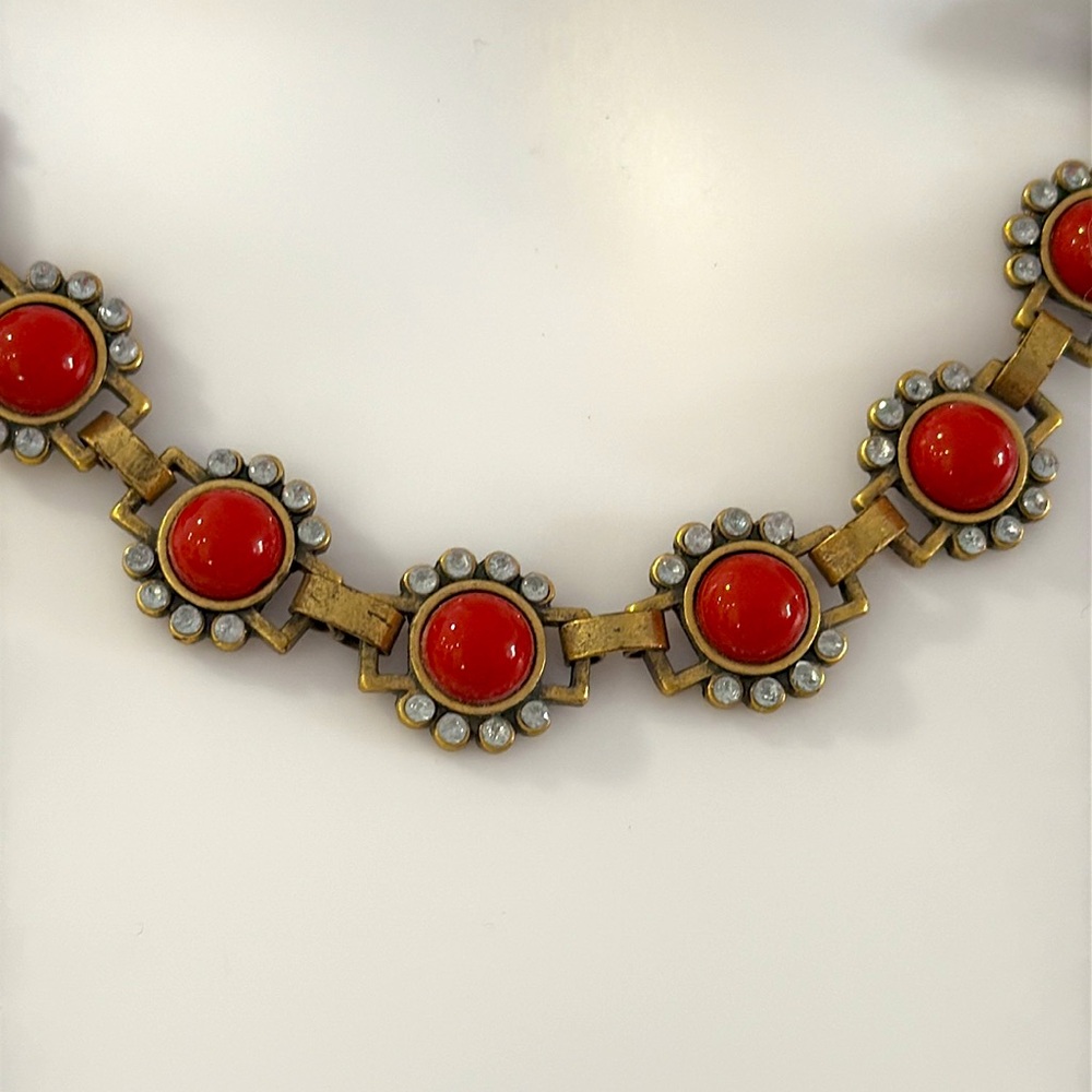 J Crew Crystal Orange Bubble Stone Burst Statement Necklace Antique Gold 18” - Picture 8 of 9